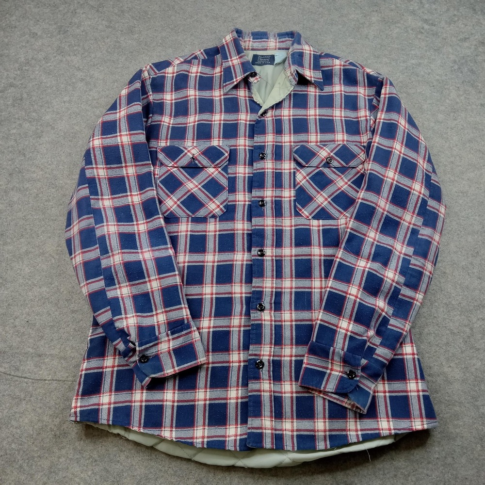 Vintage Sears Jacket Mens Large Tall Plaid Quilted Flannel Perma-Prest 70s 16.5